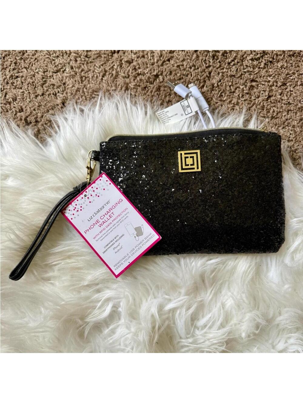Liz Claiborne Black Sequin Wristlet Wallet with USB and iPhone Charger